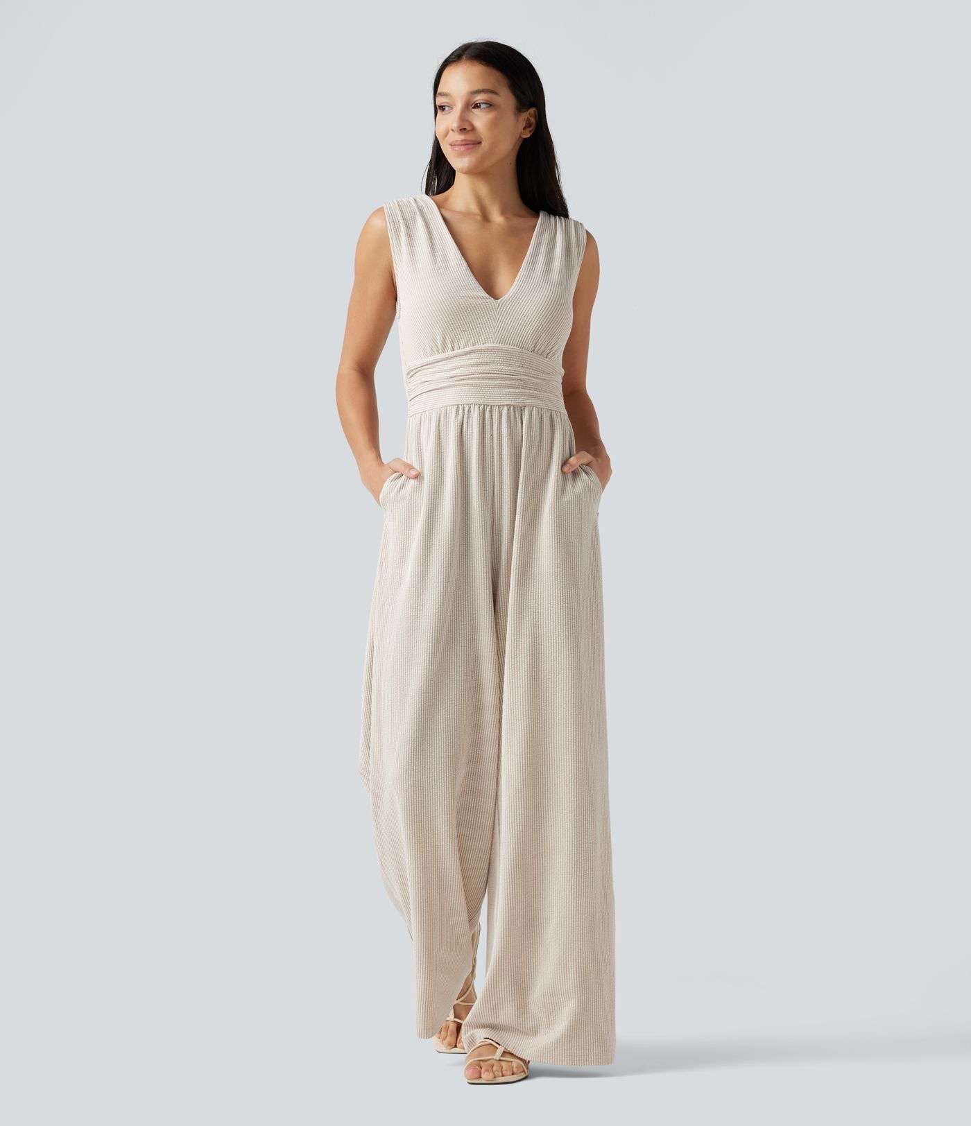 Combinaison sans manches col V à rayures avec brassière intégrée et poches – Édition Easy Peasy