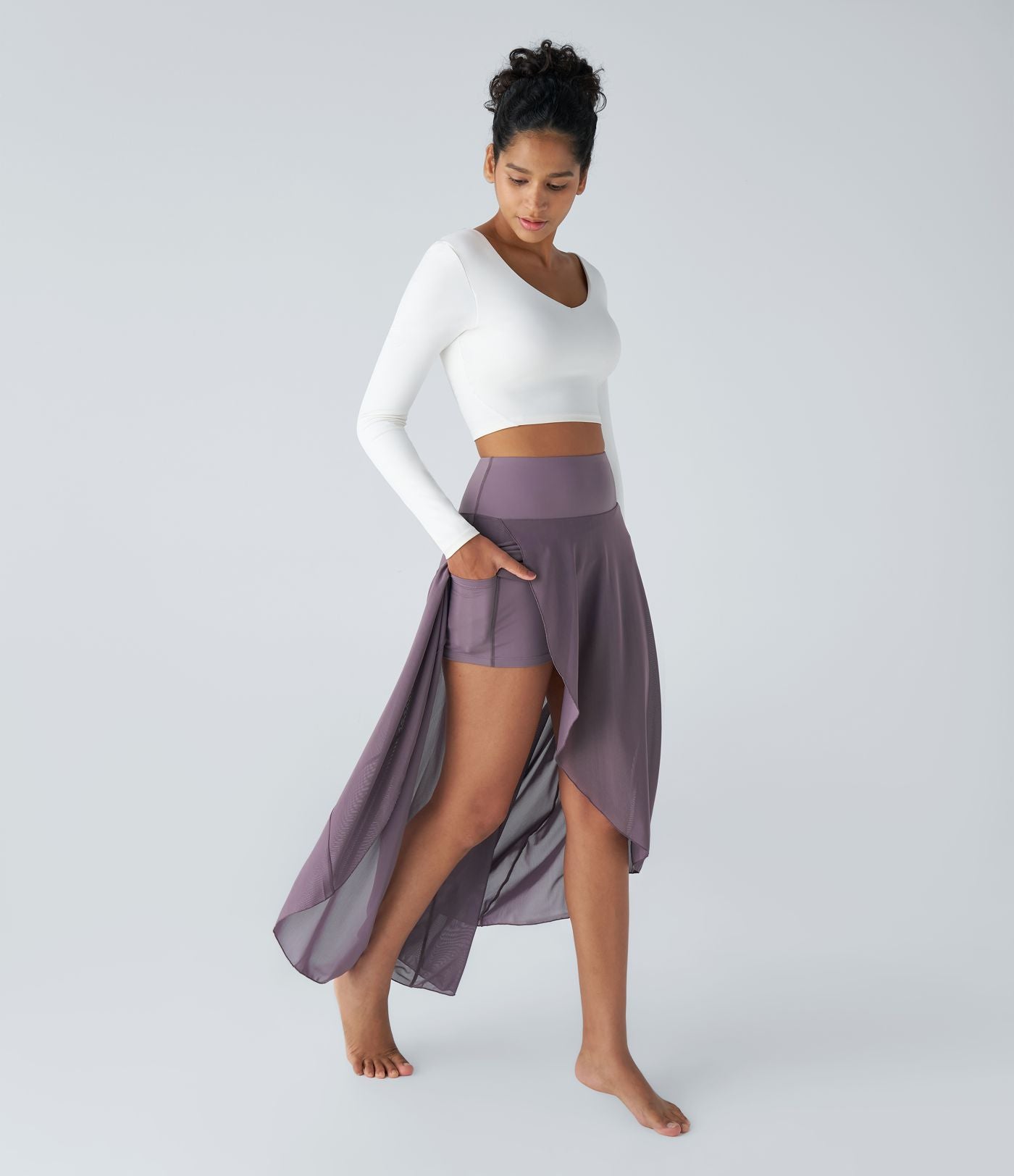 Jupe Longue Fluide Taille Haute à Volants 2 en 1 Poche Latérale Évasée en Mesh Casual Quotidien