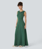 Robe Casual Maxi Col Rond Sans Manches Boutonnés