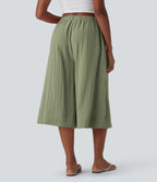 Pantalon fluide large taille mi-haute effet lin avec poche