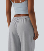Pantalon large casual taille basse aspect lin rayures avec cordon de serrage et poches
