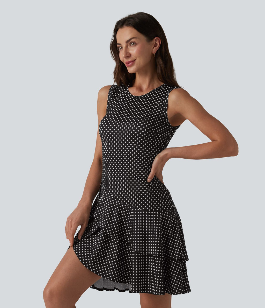 Robe mini casual à pois col rond sans manches ourlet à volants superposés