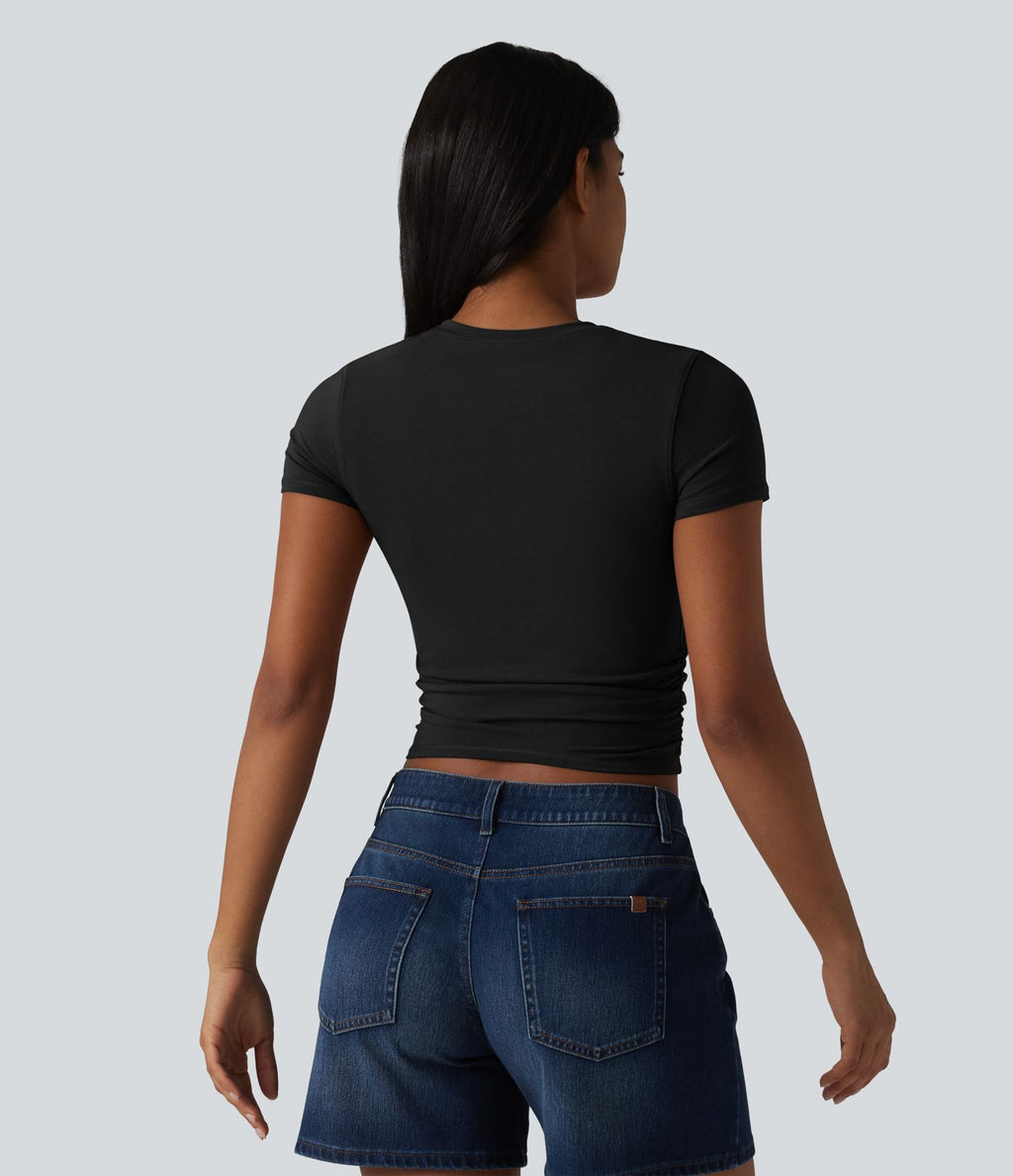 T-shirt casual Halara en jersey de coton col rond à manches courtes froncé avec brassière intégrée