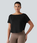 Haut de sport yoga asymétrique à une épaule manches courtes ourlet arrondi asymétrique séchage rapide