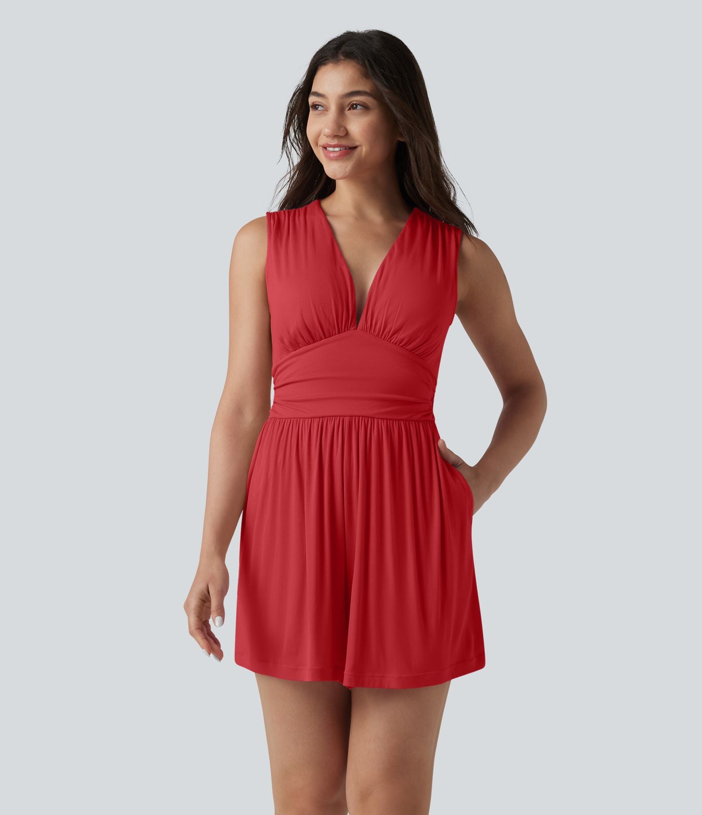 Combishort casual côtelé sans manches col V, fronces et soutien-gorge intégré, avec poches – Easy Peasy