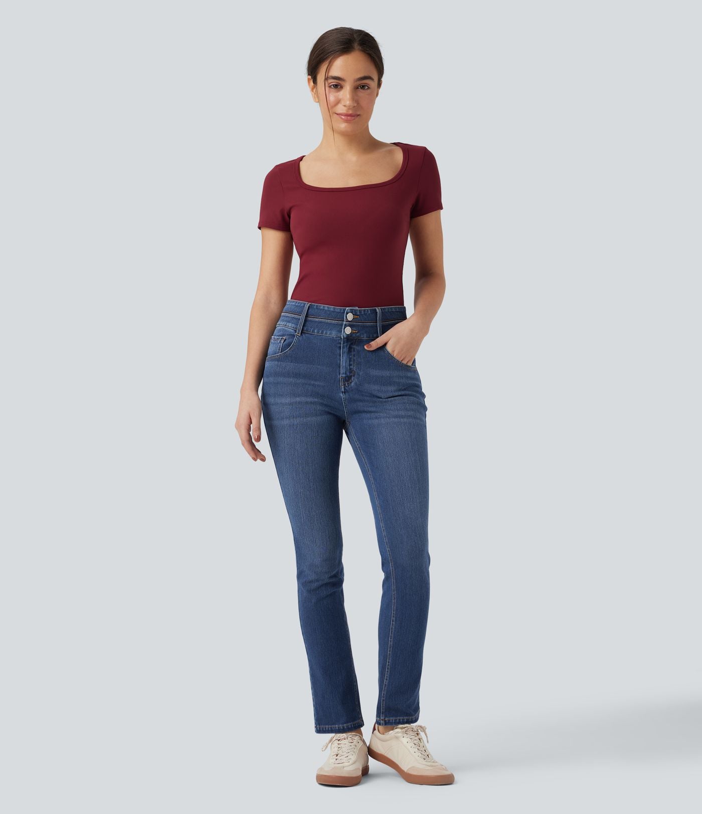 Jean ajusté Halara Flex™ taille mi-haute double ceinture avec poches