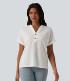 T-shirt casual en tissu gaufré col V à manches chauve-souris et boutons