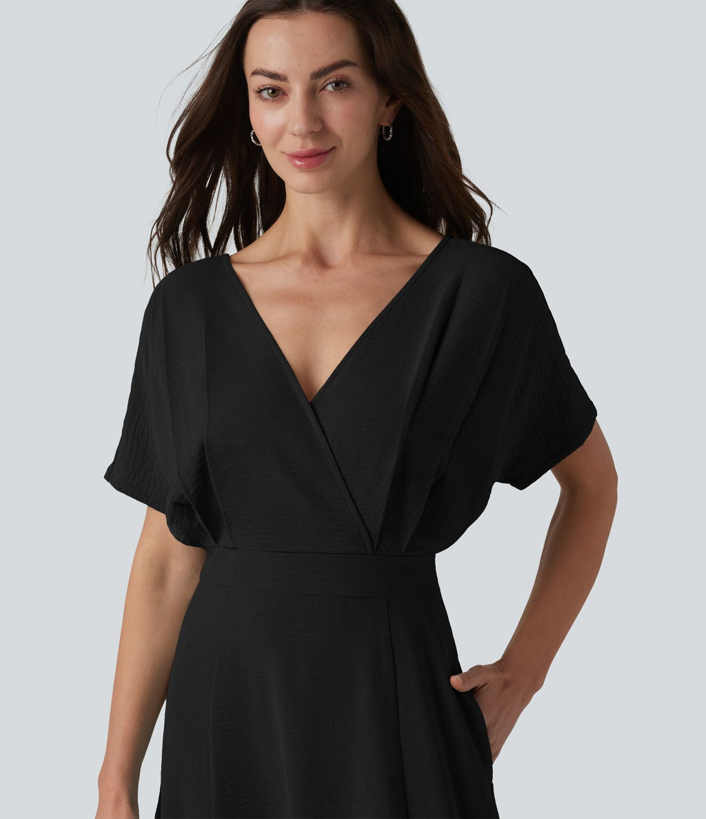 Robe midi col V manches courtes aspect lin avec poches
