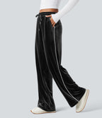 Pantalon décontracté droit en velours, taille mi-haute, avec cordon et poches