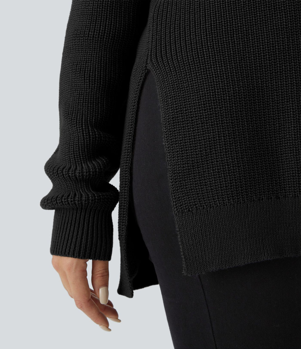 Pull décontracté à col montant, demi-fermeture éclair, manches longues et fente