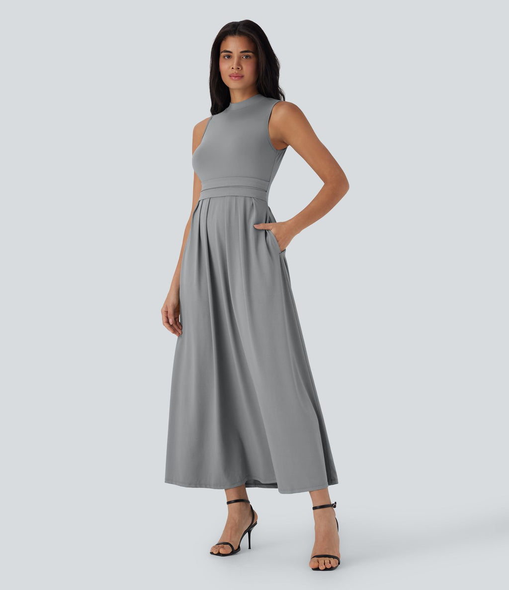 Robe longue décontractée sans manches à col montant, coupe évasée et poches latérales