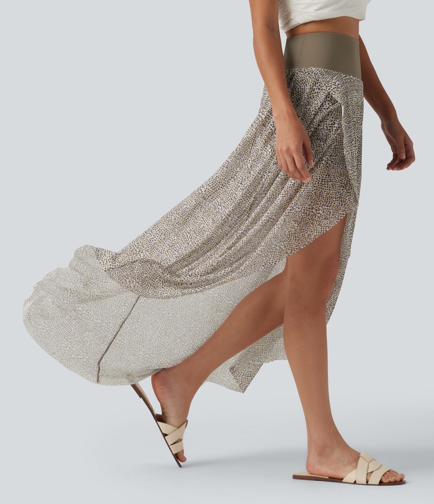 Jupe longue en mesh imprimé léopard taille haute asymétrique à volants 2 en 1