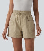 Short casual ample taille mi-haute en popeline extensible à cordon de serrage avec poches