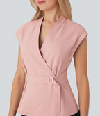 Veste short tailleur à col V, sans manches, portefeuille et ceinture