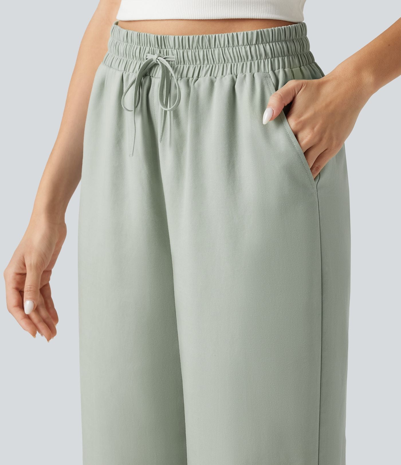 Pantalon large fluide décontracté taille haute à cordon de serrage en lyocell mélangé lin avec poches