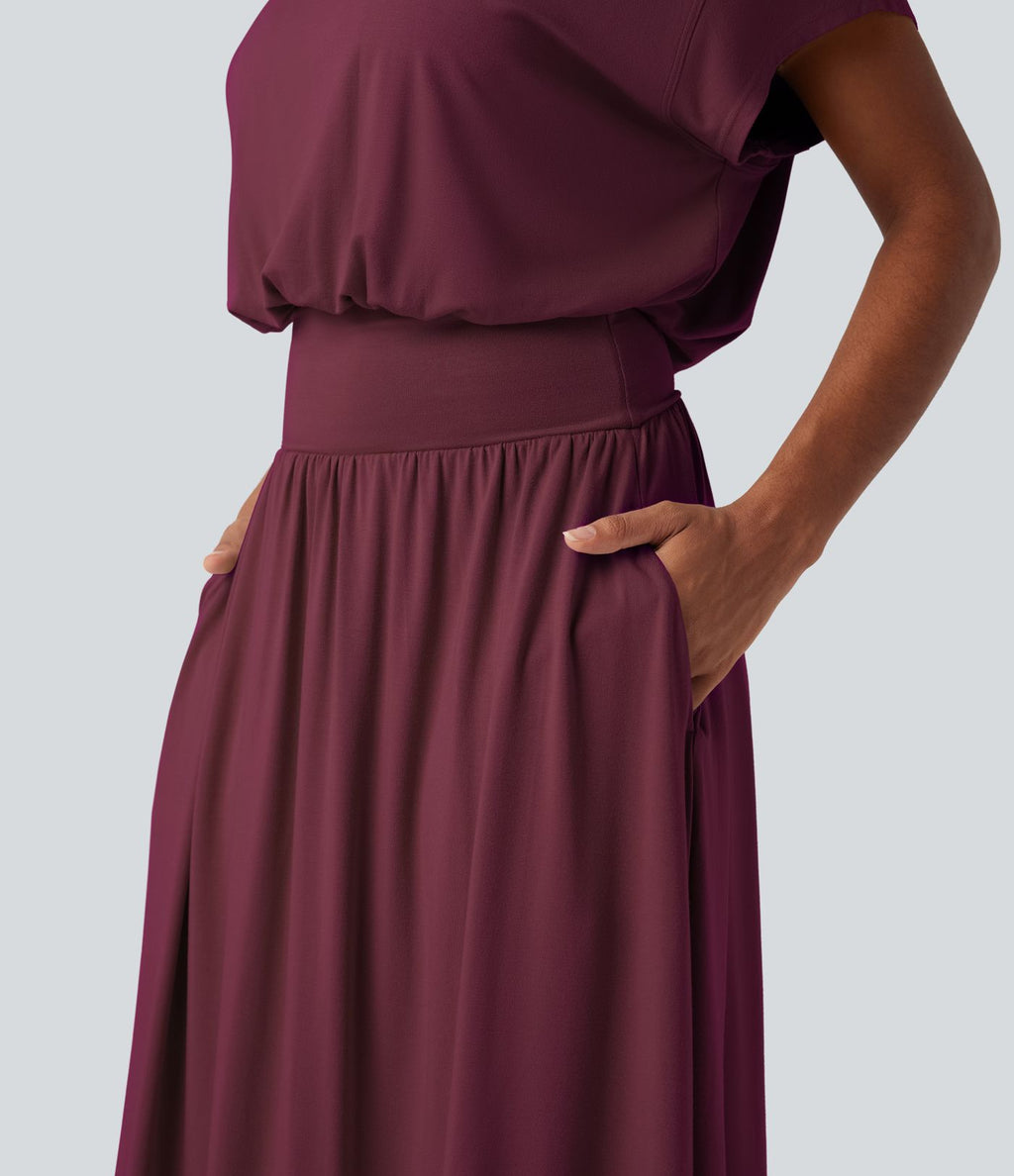 Robe de travail mi-longue fluide gainante à manches chauve-souris avec poches