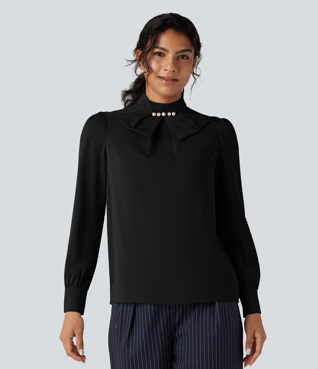 Chemise esprit bureau défroissage facile avec col lavallière, manches longues bouffantes et zip invisible au dos