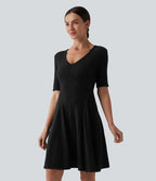 Robe mini casual évasée col V manches courtes en maille côtelée