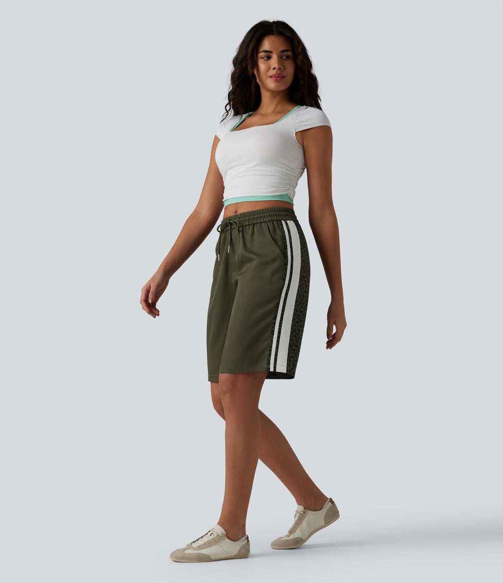 Short ample décontracté à taille mi-haute, cordon de serrage, rayures contrastées léopard, 25 cm, avec poches