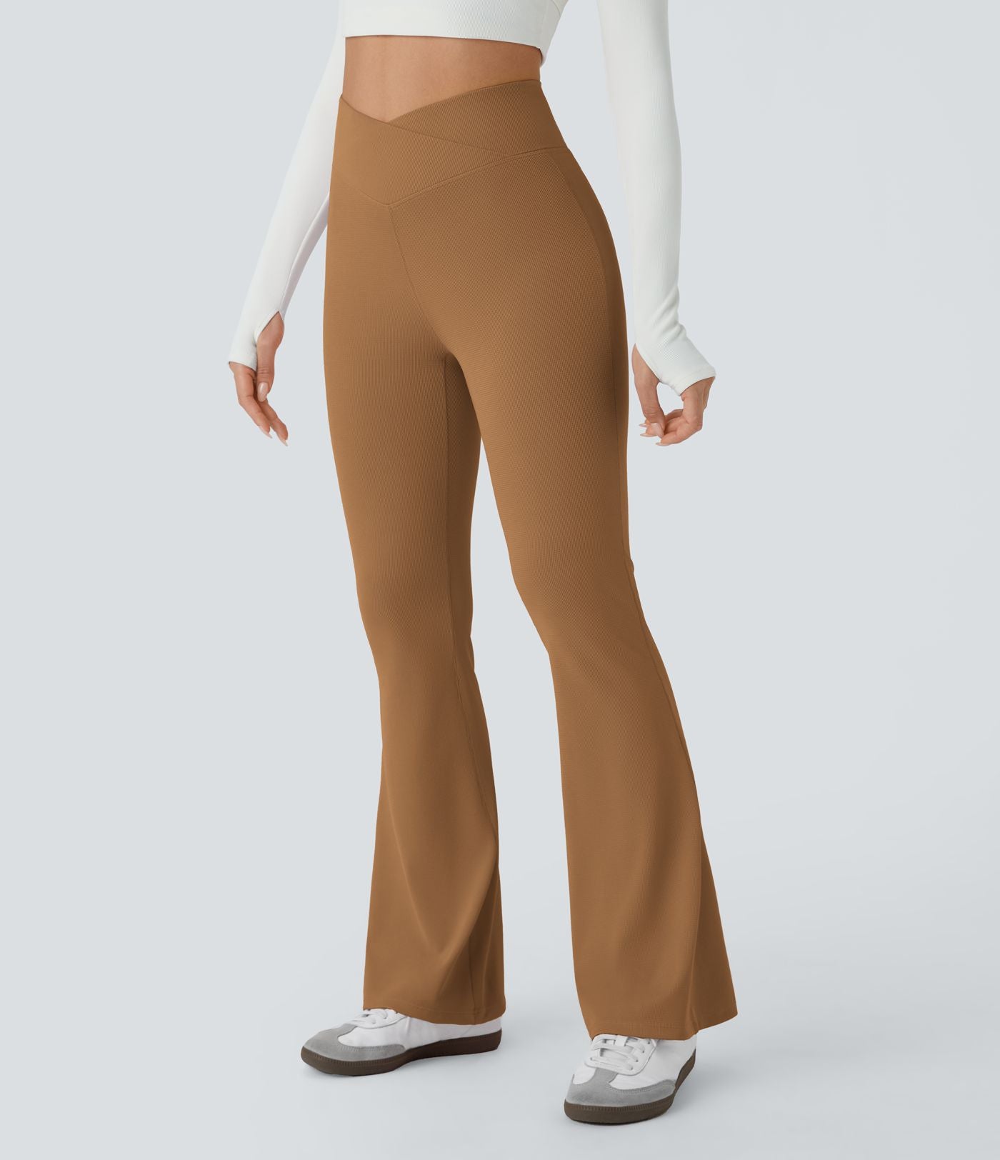 Pantalon décontracté évasé en maille gaufrée, taille haute, avec poches croisées