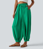 Pantalon ballon fluide resort taille haute effet lin avec cordon de serrage et poches