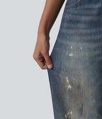 Jean de survêtement décontracté à rayures en tissu éponge français imprimé denim taille mi-haute avec poches