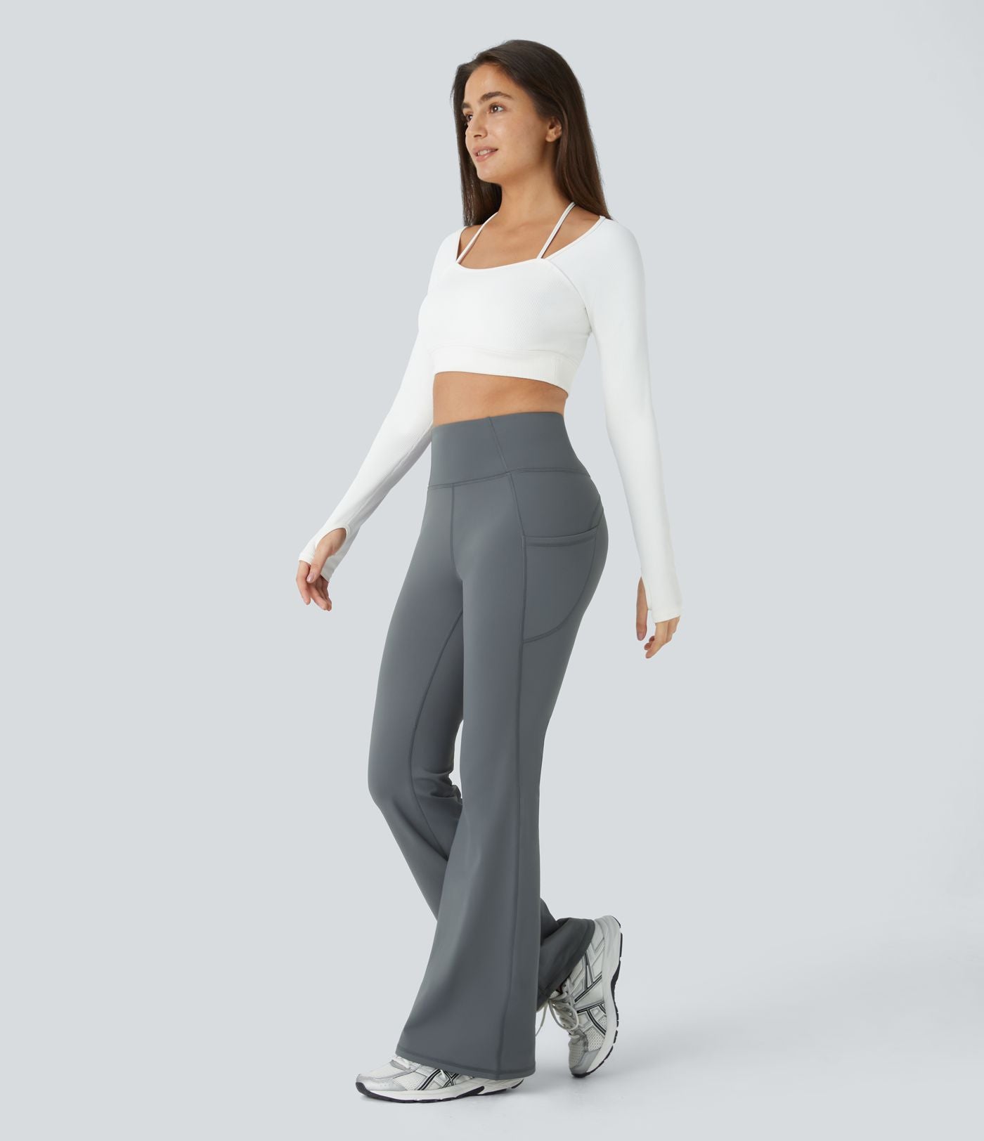 Pantalon de yoga évasé thermique taille haute avec poches latérales