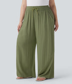 Pantalon décontracté grande taille large fluide taille haute effet lin avec cordon de serrage et poches
