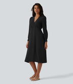 Robe casual midi col V à manches longues bouffantes
