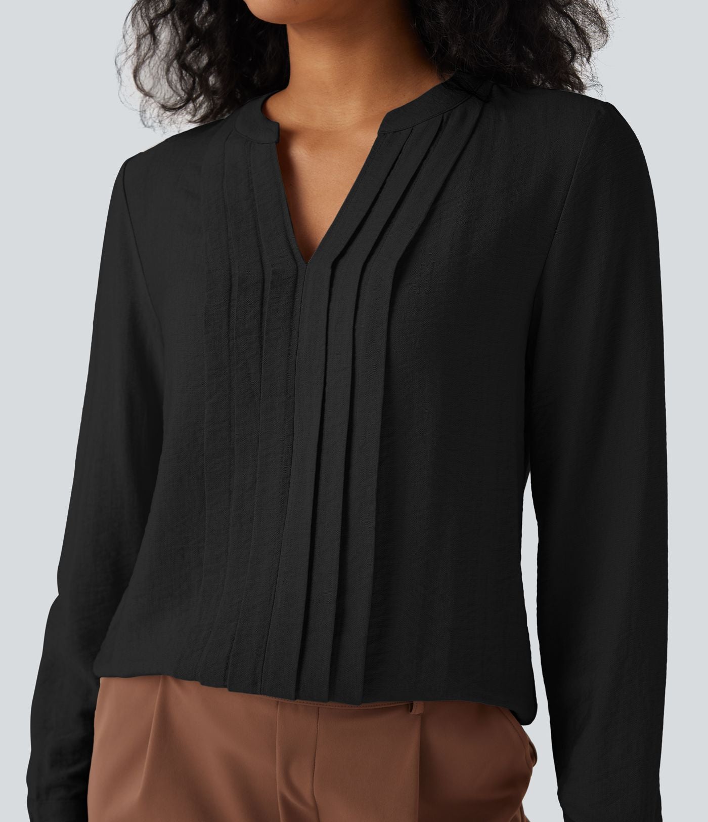 Blouse de travail manches longues col V à plis coupe décontractée