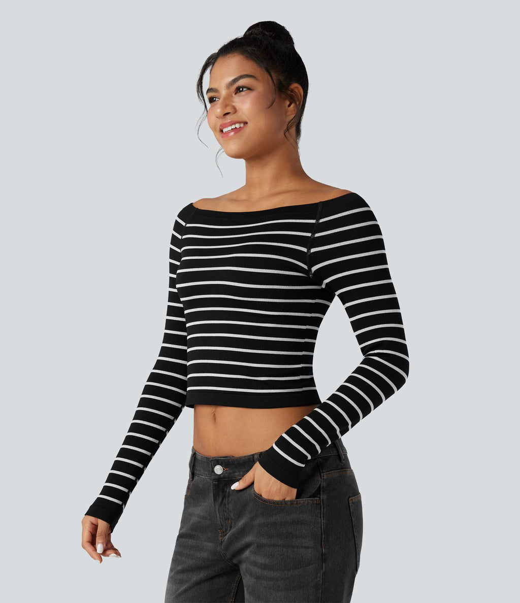 Haut de sport épaules dénudées manches raglan longues à rayures sans couture OneForm Seamless Flow