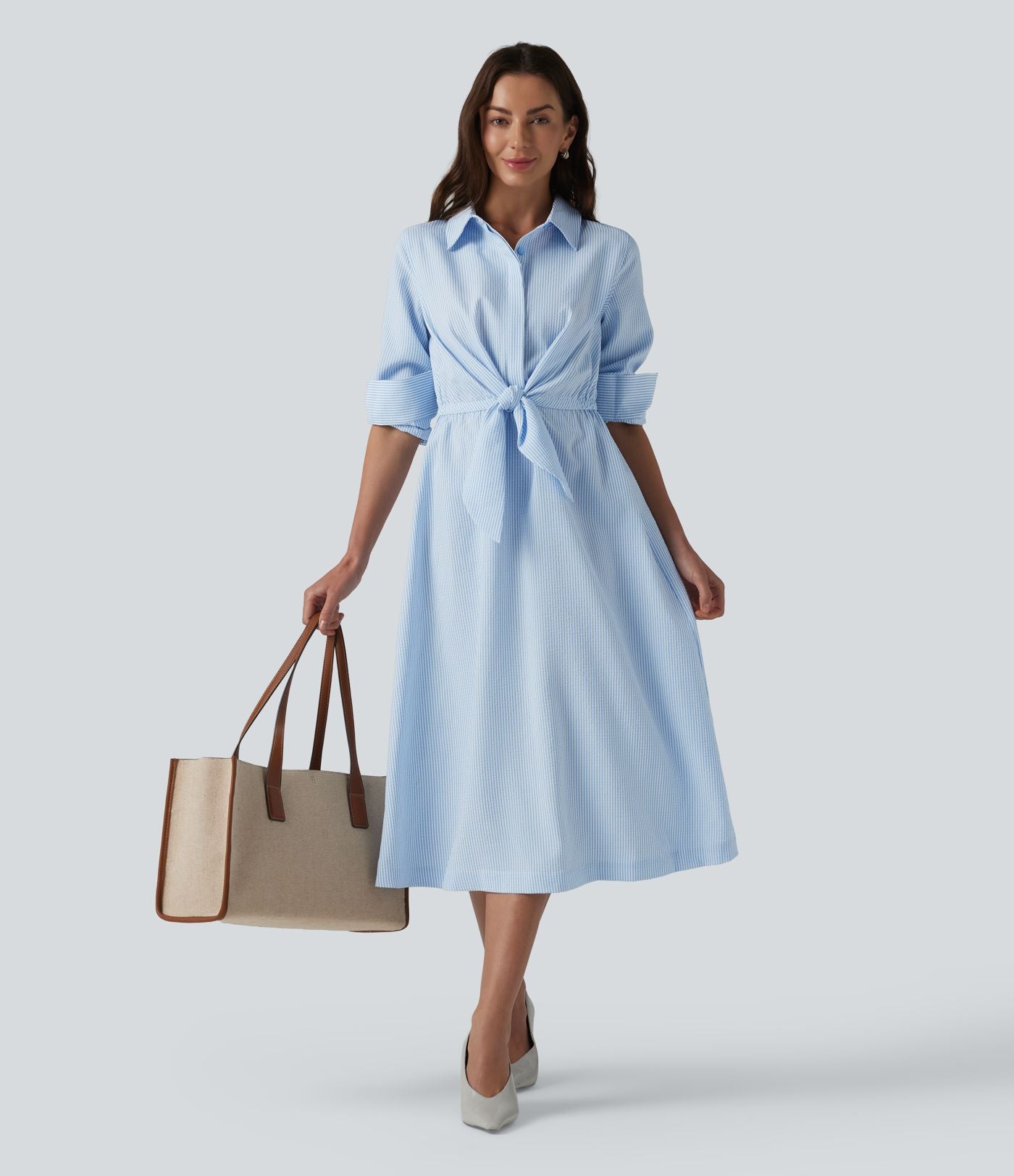 Robe chemise midi habillée à col, manches longues, lien à nouer devant et rayures