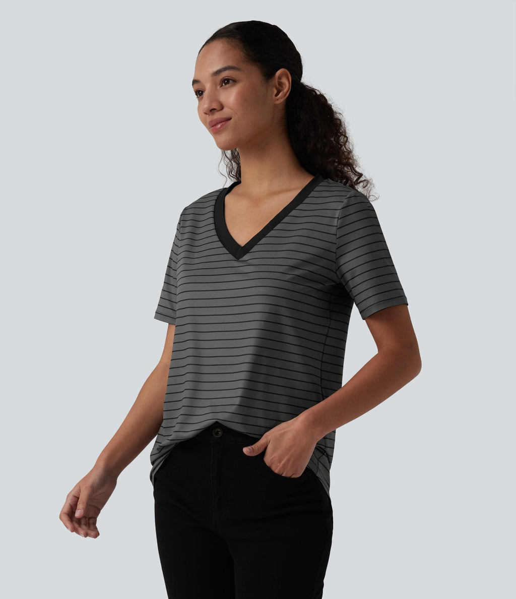 T-shirt décontracté col V manches courtes rayé