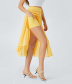 Jupe Casual Évasée Mesh Mi-Longue Fuide 2 en 1 Contrastée Taille Haute Cordon Poche Latérale