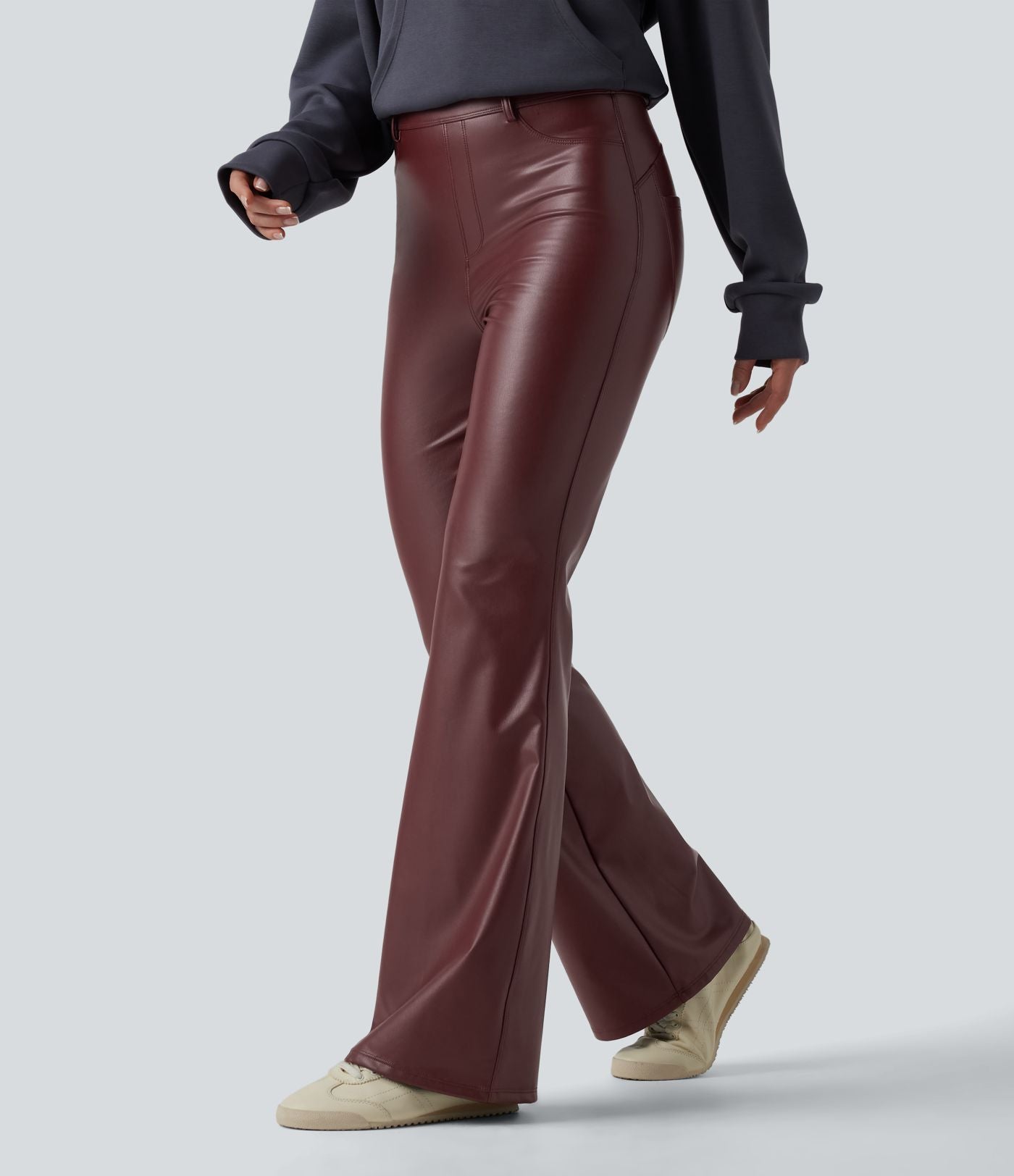 Pantalon évasé décontracté taille haute en tissu enduit doublé polaire extensible avec poches