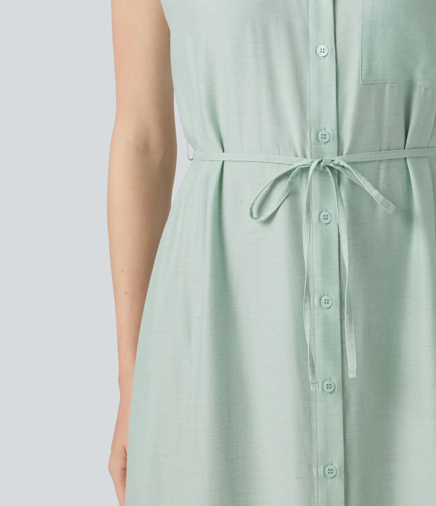 Robe chemise midi décontractée en mélange de lin, col classique, manches cape, ceinturée, ourlet arrondi fendu avec poches