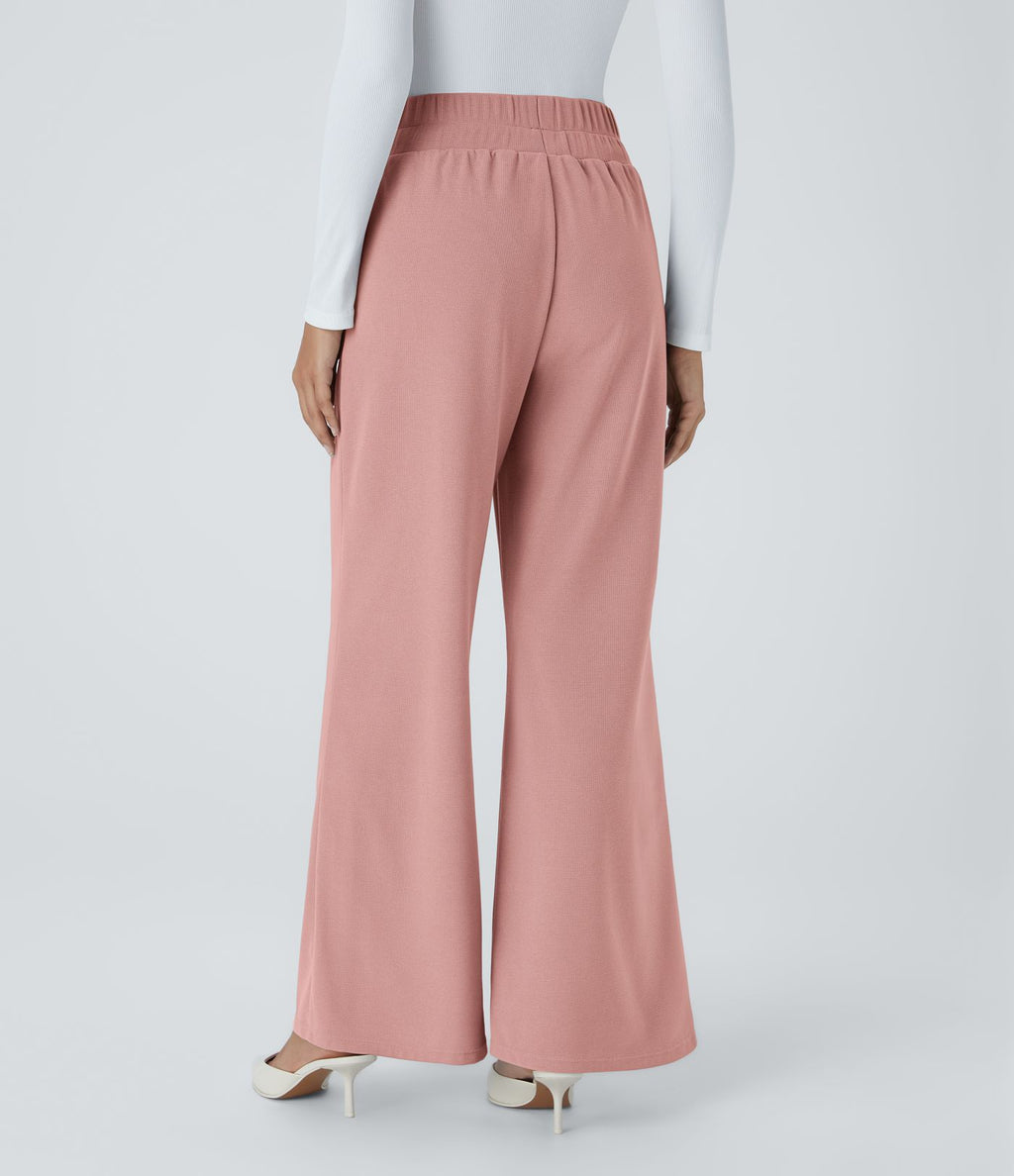 Halara Flex™ Pantalon Tailleur en Tissu Gaufré Taille Haute avec Large Ceinture Plis Poches Latérales Jambes Larges