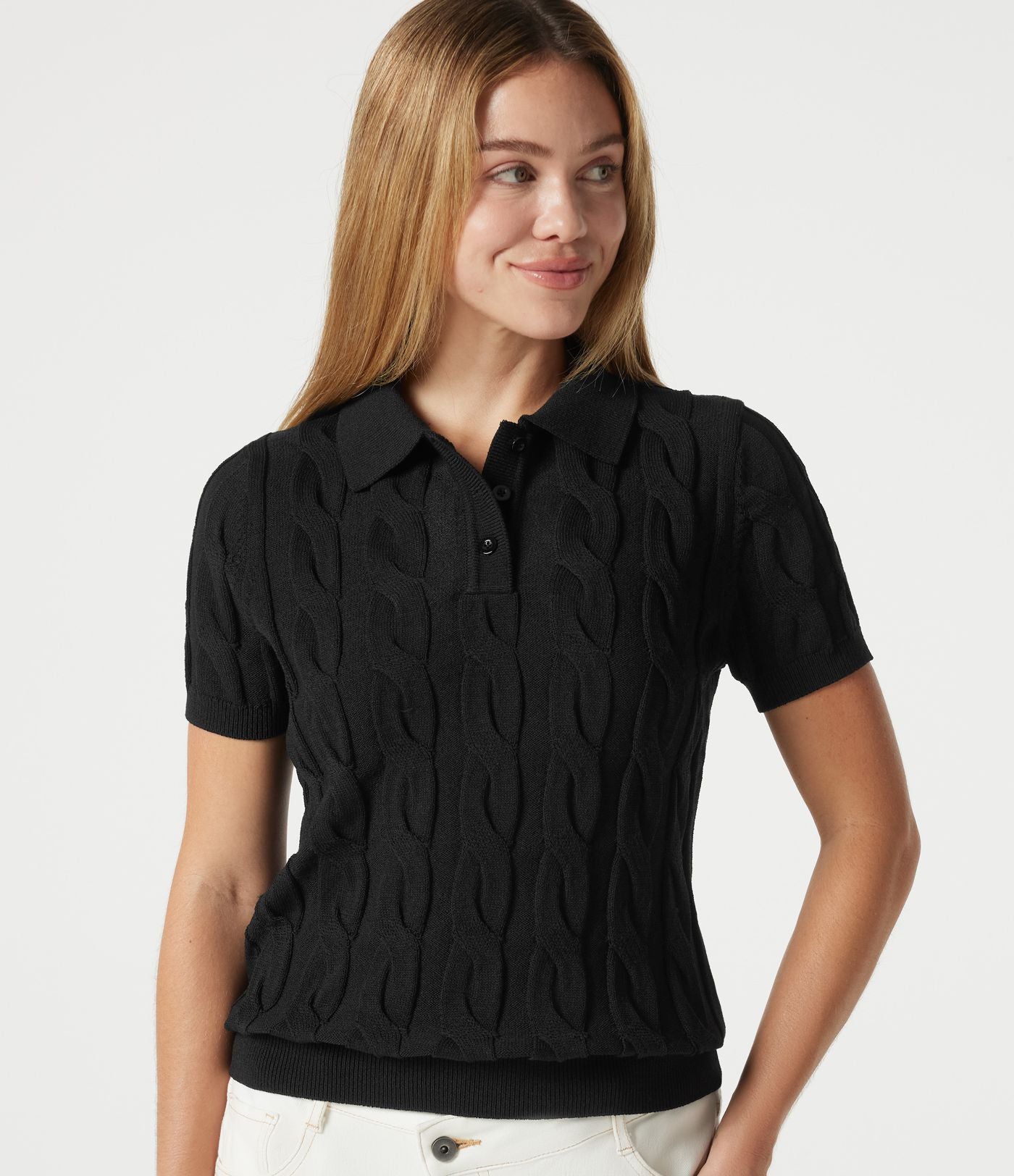 Pull polo décontracté en maille torsadée à manches courtes