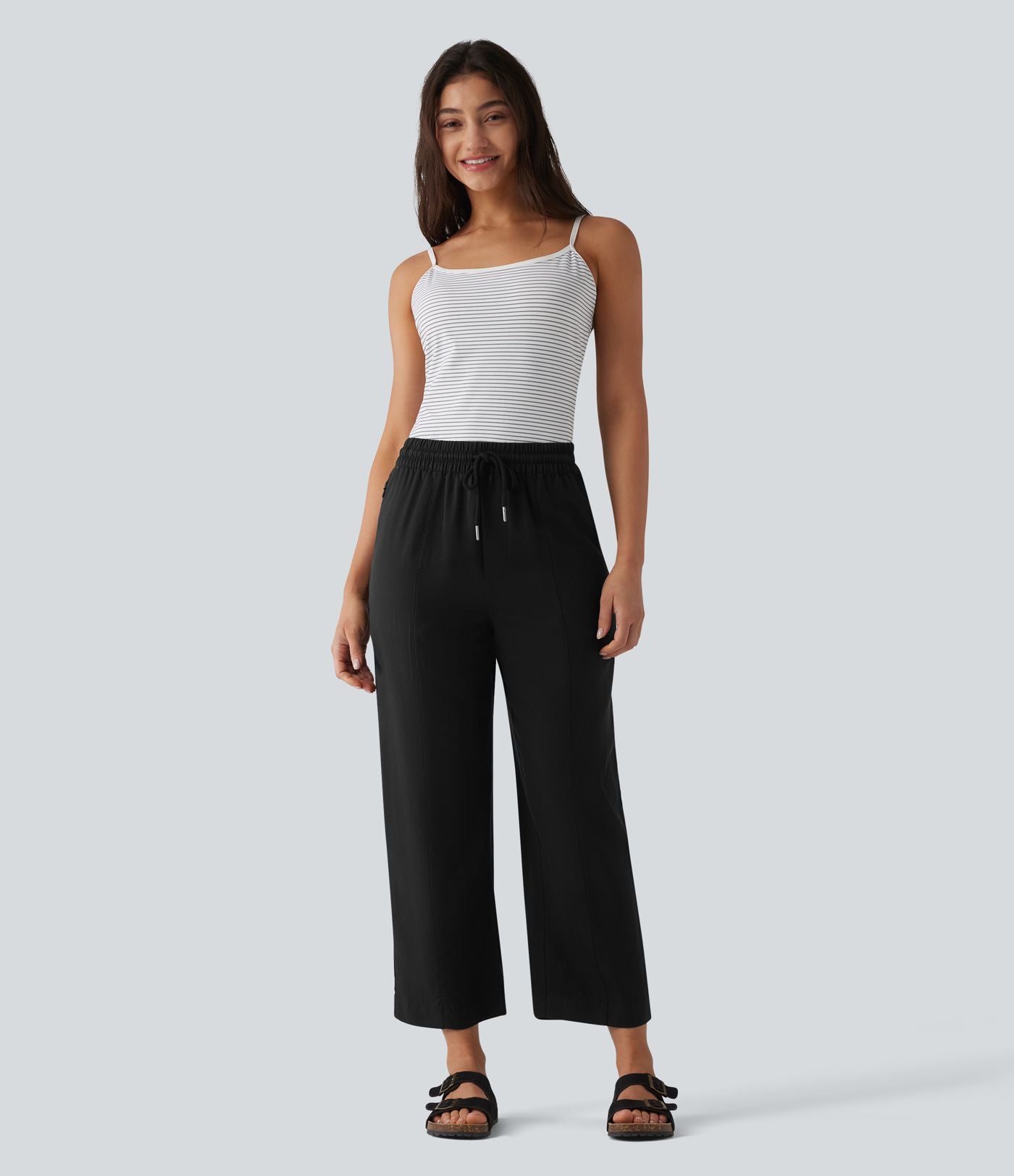 Pantalon casual fuselé en lin drapé taille haute avec cordon de serrage et poches