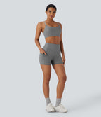 Short cycliste de yoga en similicuir à taille haute avec poches latérales 10 cm