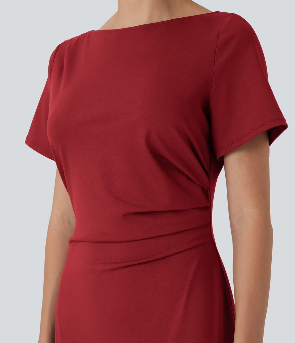 Robe tailleur mi-longue moulante manches courtes froncée
