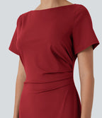 Robe tailleur mi-longue moulante manches courtes froncée