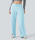 Pantalon jogging décontracté large taille basse à cordon en gaufre à blocs de couleurs avec boutons-pression fendus et poches