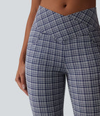 Pantalon évasé taille haute croisée ventre plat à carreaux en tissu froissé séchage rapide avec poches