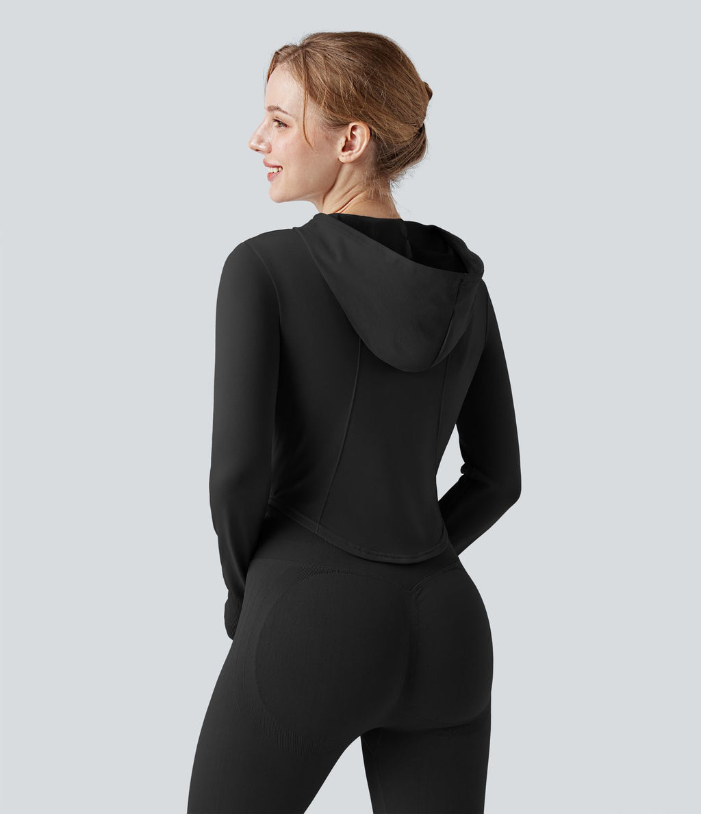 Veste yoga à capuche zippée à manches longues avec passants pouces et ourlet arrondi sans couture OneForm Seamless Flow