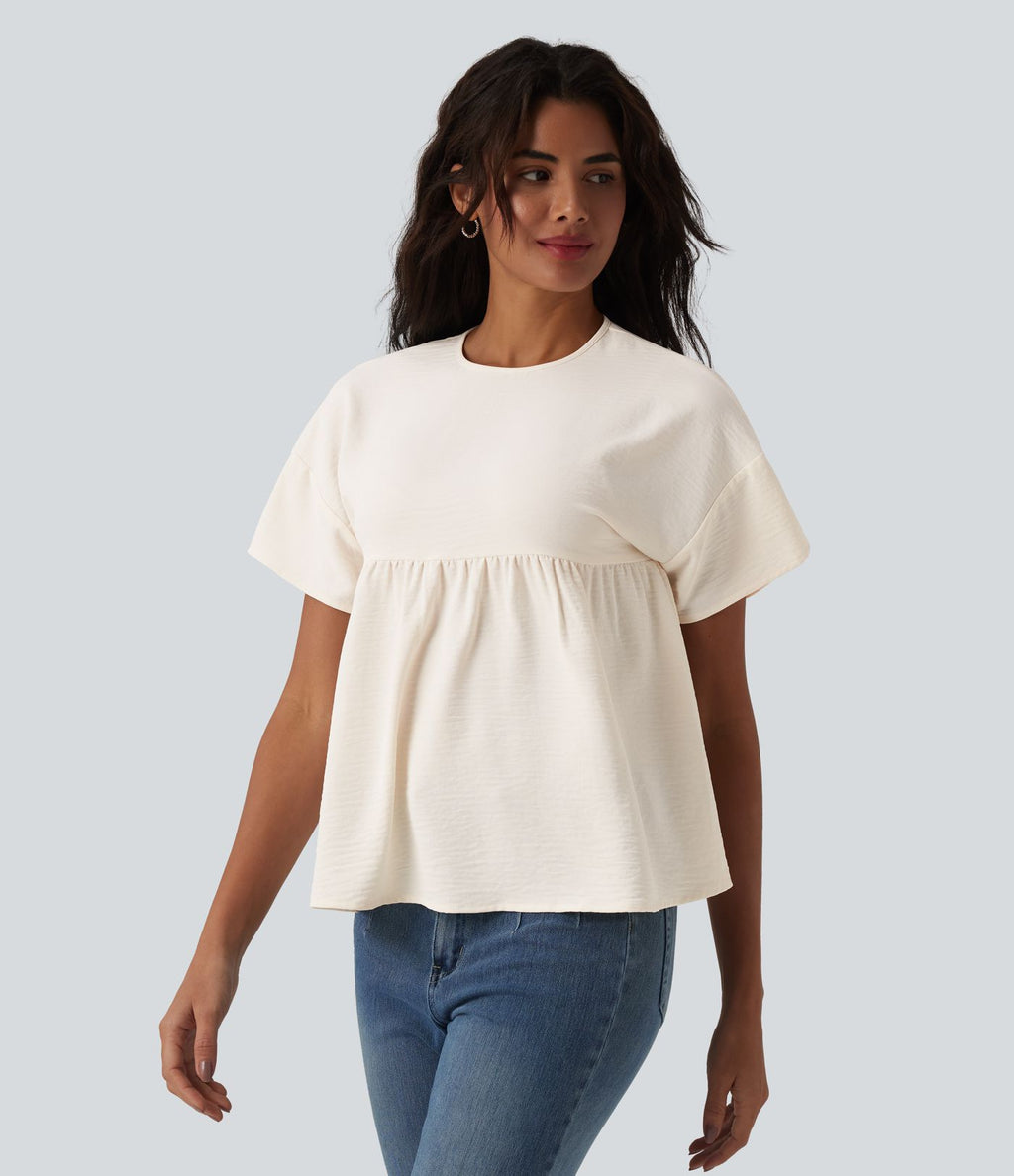 T-shirt décontracté col rond manches courtes ourlet à volants aspect lin