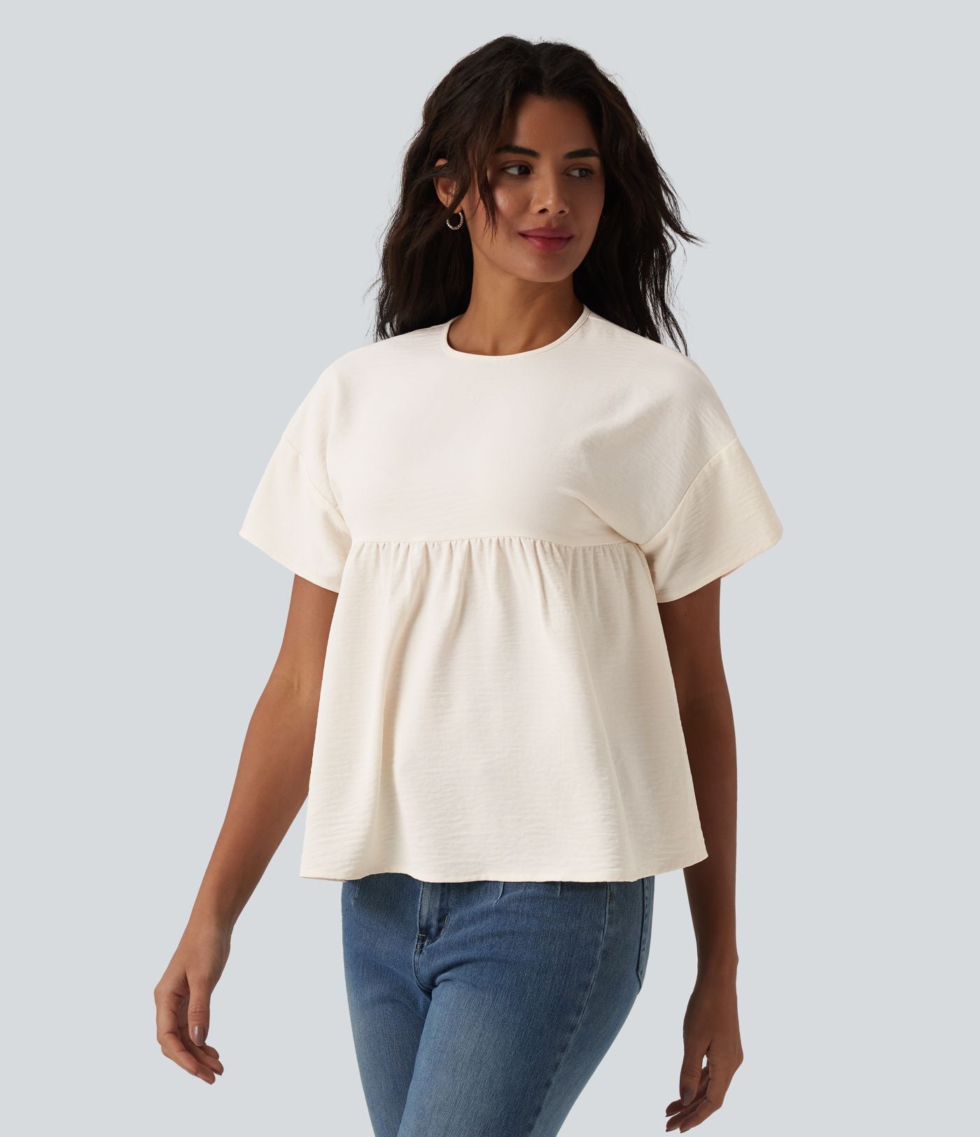 T-shirt décontracté col rond manches courtes ourlet à volants aspect lin