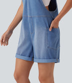 Salopette en jean Halara Flex™ col V délavée décontractée à ourlet roulotté avec poches