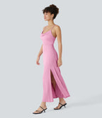 Robe Soirée Midi Encolure Côtelée Dos Nu Lacets Croisés Fendue