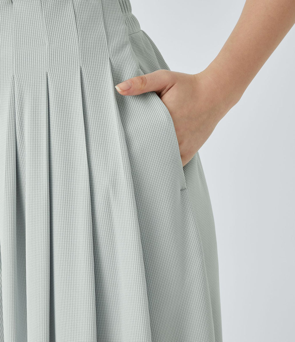 Pantalon décontracté palazzo en maille gaufrée, fluide, large, plissé, taille haute, avec poches